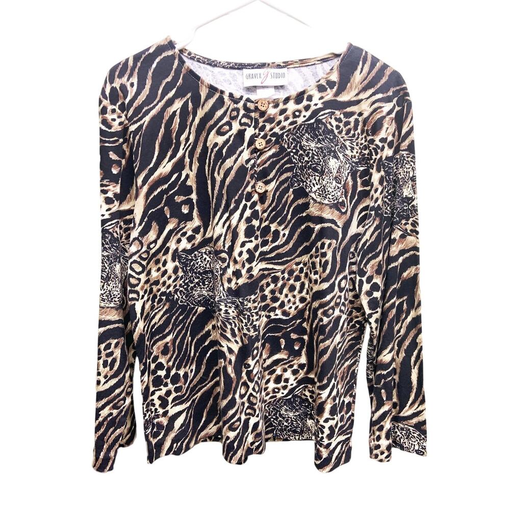Vintage 80s Graver Studio Cotton Blend Leopard Animal Print Long Sleeve Top Sz M